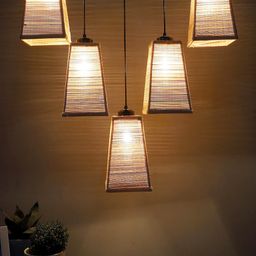 Devansh Beige & Black Textured Pyramid Bamboo Quintuple Hanging lamp image 3