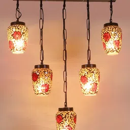Devansh Red & Black Textured Glass Quintuple Hanging Lamp image 2