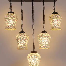 Devansh White & Red Textured Glass Quintuple Hanging Lamp image 4