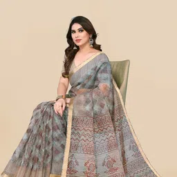 MIRCHI FASHION Grey & Brown Abstract Printed Zari Block Print Saree image 4