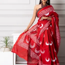 TROPWEAR Geometric Printed Pure Cotton Jaipuri Mulmul  Block Print Saree image 4