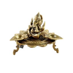 Two Moustaches Gold Toned Textured Ganesha On Lotus With Three Leaf Design Diya image 5