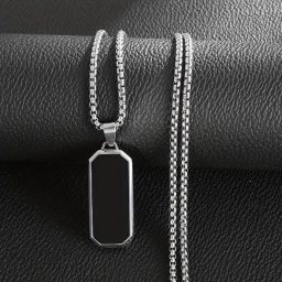 Trendy Black Rectangle Pendant Men Stainless Steel Necklace, Fashionable Silver Alloy Pendant-image-3