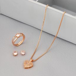 Rose Gold Plated Neckless With Earrings And Ring Gold-plated Cubic Zirconia Alloy-image-4