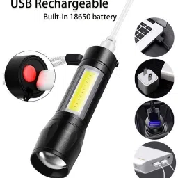 red-sunset Mini Rechargeable Battery Led 2in1 Flashlight USB Zoomable Powerful Camping 2 hrs Torch Emergency Light image 5