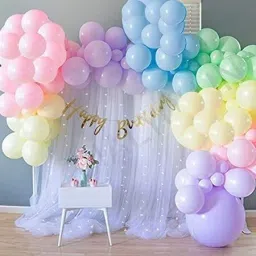 Pastel Rainbow White Net Cloth Backdrop Happy Birthday Decoration Kit With Light-6