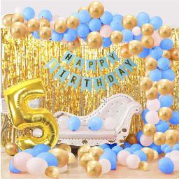 Solid Blue Happy Birthday Decoration Combo - 104Pcs Set (1 Birthday Banner, 100 Balloons,2 Foil Curtains,1 Foil Number Balloon) For Prince Boy Birthday Party Decoration ,Happy Birthday Balloons for Party Decoration , Baby 5th birthday Balloon-3