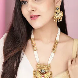 Rubans Gold-Plated White & Pink Kundan-Studded & Beaded Handcrafted Jewellery Set-24