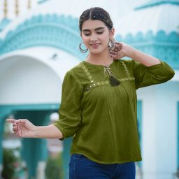 Casual Regular Sleeves Embroidered Women Green Top-image-97