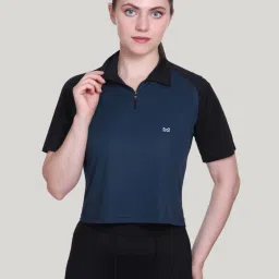 Women Colorblock Zip Neck Polyester Green T-Shirt-image-24