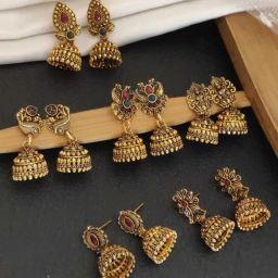 Gold-Plated Beaded Dome Shaped Antique Jhumkas Cubic Zirconia, Diamond, Opal Alloy, Brass Jhumki Earring-2