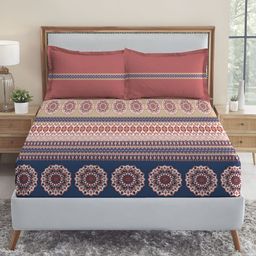 MYTRIDENT Blue & Orange Geometric 210 TC Cotton King Bedsheet with 2 Pillow Covers-48