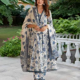 1 stop fashion Women Cotton Blend Kurta Pant Dupatta Set-picture-2
