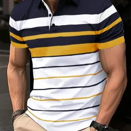 Men Striped Polo Neck Cotton Blend White, Blue, Yellow T-Shirt-image-89
