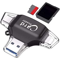 meshiv 4 in 1 OTG Card Reader with Four Ports, Lightening, Type C, Micro USB, USB Card Reader Like I Flash, Idisk for i Phone, Ipad, Micro USB, SDHC Lightening Flash Drive (Black) image 1