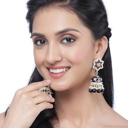 ZENEME Gold-Plated Dome Shaped Kundan Studded Jhumkas image 3