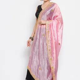 Clora Creation Pink & Gold-Toned Embroidered Dupatta with Sequinned image 4