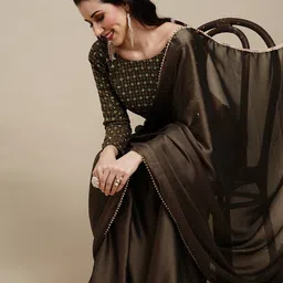 Anouk Olive Green & Gold-Toned Embellished Pure Georgette Saree-picture-29