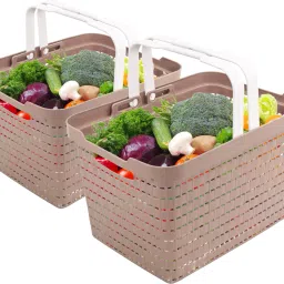 Plastic Pack of 2 Plastic Storage Baskets with Foldable Handles | Medium | Beige Storage Basket-37
