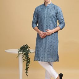 Anouk Turquoise Blue Embroidered Mandarin Collar Sequinned Lucknowi Cotton Straight Kurta-image-70
