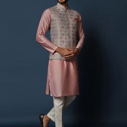 KISAH Mandarin Collar Regular Kurta with Trousers & Printed Nehru Jacket image 4