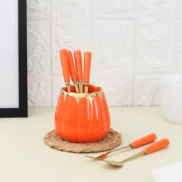 Luxury Orange Fruit Fork and Spoon Set Ceramic, Stainless Steel Cutlery Set-image-11