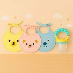 Baby Bibs Set of 3 with Silicone Fruit Feeder Soft Washable Knot Bibs + Nibbler-image-0