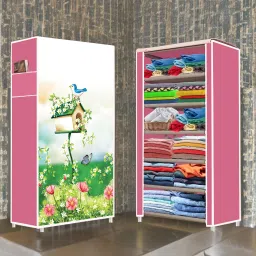 6 Shelf House Tree Pink Printed PP Collapsible Wardrobe-10