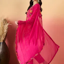 KALINI Women Floral Printed Regular Thread Work Kurta with Trousers & With Dupatta image 4
