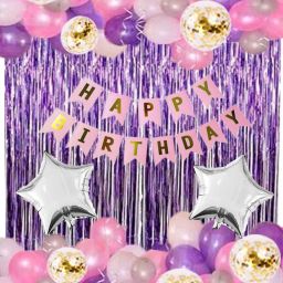 pink purple silver white rosegold Happy Birthday Decoration Combo Kit with Banner,Balloons,Curtain,star 49pcs for Birthday Decoration Boys,Kids,Girl,Husband,Wife,Girl Friend,Adult.-image-33
