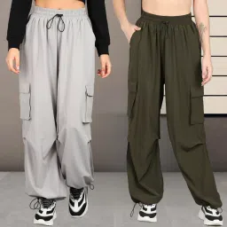 Pack of 2 Women Loose Fit Grey, Dark Green Polyester Trousers-picture-7