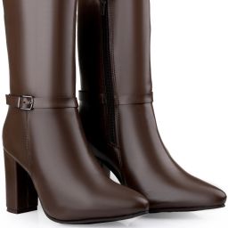 Women's 3.5 Inch Faux Leather Stylish Brown Mid-Calf Block Heel High Ankle Boot Slip On For Women-image-86