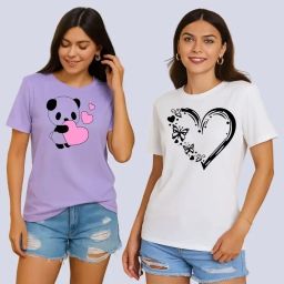 Pack of 2 Women Printed Round Neck Polyester White T-Shirt-image-137
