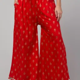 Women Straight Fit Red Cotton Blend Trousers-image-49