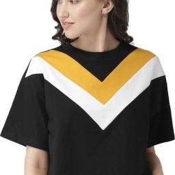 Casual Regular Sleeves Color Block Women White, Black, Yellow Top-picture-0