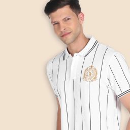 Men Striped Polo Neck Cotton Blend White T-Shirt-image-46