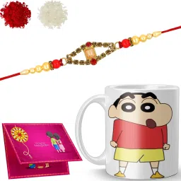 Designer Shree-Dora10-222_Rudra_S1 Gold Finish Rakhi, Chawal Roli Pack, Greeting Card, Mug Set-13