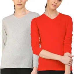 Pack of 2 Women Solid V Neck Cotton Blend Red, Grey T-Shirt-image-91