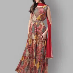 ASPORA Conversational Printed Maxi Fit & Flare Ethnic Dress With Dupatta image 4