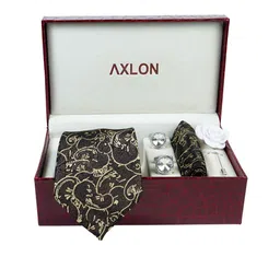 AXLON Men Printed Tie Set With Pocket Square, Cufflink & Flower Pin image 5