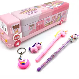Bus-Themed Pencil Box With Unicorn Accessories for Kids Bus Smile face, girls art Art Metal Pencil Box-12