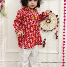 BownBee Boys Ethnic Motifs Printed Regular Thread Work Pure Cotton Kurta with Pyjamas image 3