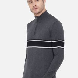 ARMISTO Men Grey & Black Striped Half Zip Pullover-image-8