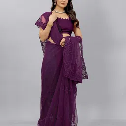 BARKIYA CREATION Ethnic Motifs Embroidered Net Saree image 4