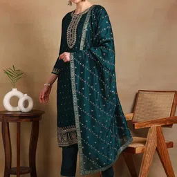 KALINI Ethnic Motifs Embroidered Regular Sequinned Kurta with Palazzos & With Dupatta image 3