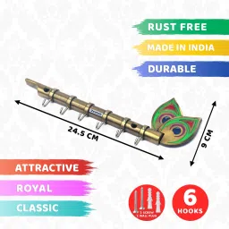 zeetab Big Flute Krishna Key Holder with Diamond & 6 Hooks Brass Key Holder image 3