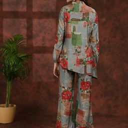 Claura Grey Abstract Printed Mandarin Collar Tunic With Flared Palazzos image 2
