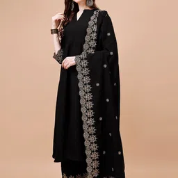 KALINI Mandarin Collar Thread Work Anarkali Kurta with Palazzos & With Dupatta image 2