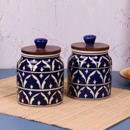 vareesha Blue Jodhpuri Hand Painted Ceramic Jar with Wooden Lid Set of 2-picture-40