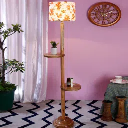New Era Multicolor Cotton Drum Shade Wood Natural Table Floor Lamp by New Era-picture-14